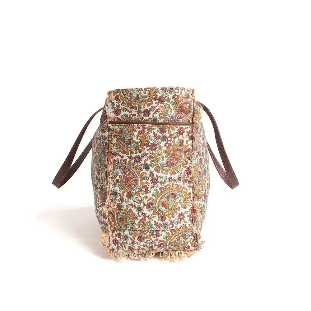 Myra Bag Handmade Paisley Pointe Weekender Bag Upcycled Canvas & Cowhide Leather